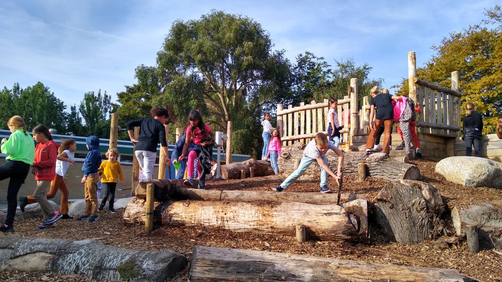 Kinderen spelen op klimparcours van boomstammen op groen schoolplein