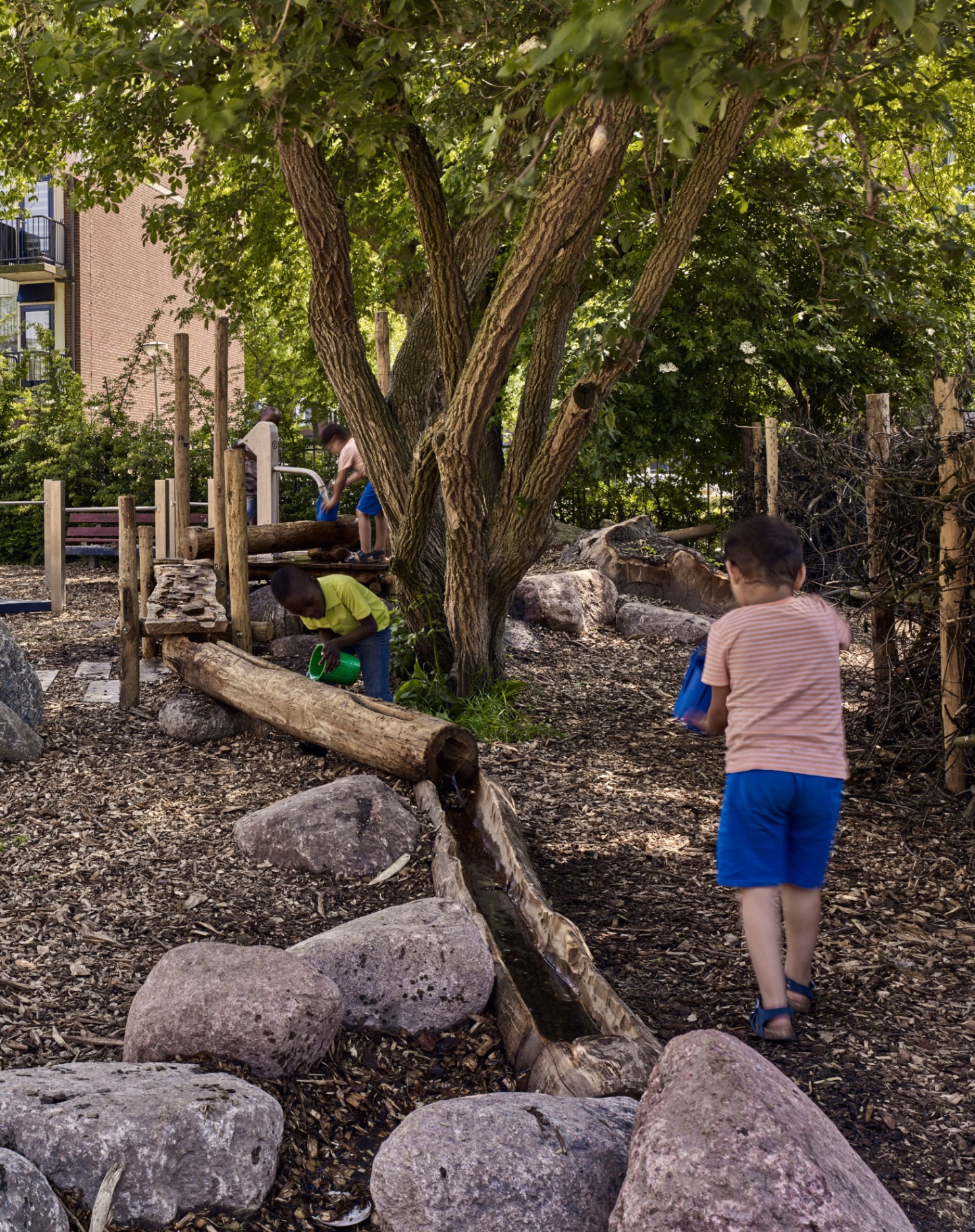 Kinderen spelen bij waterloop