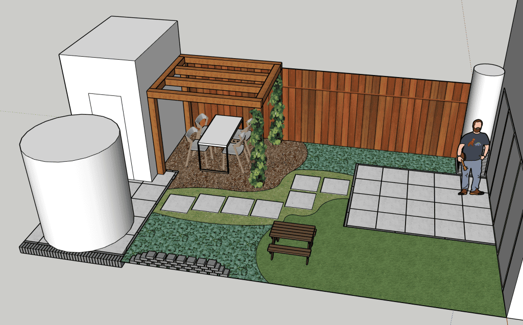 Optie 3: tegels grotendeels weg, zithoek met pergola