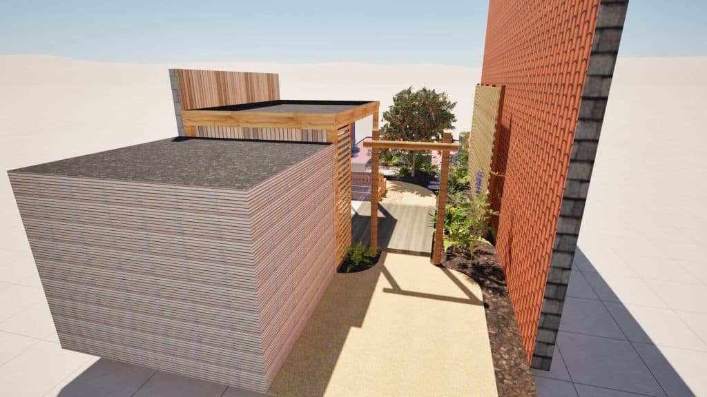 3D-render van de tuin met waterloop