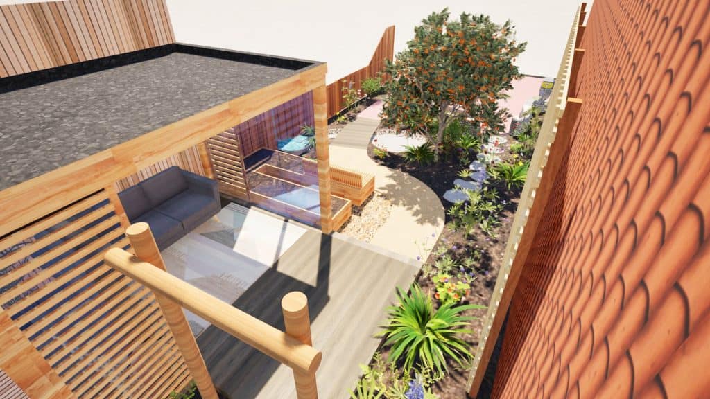 3D-render van het terras met overkapping