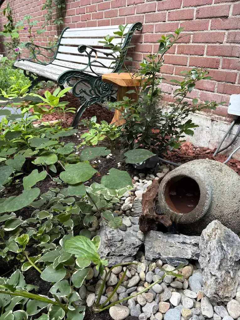Detail van de nieuwe overkapping en beplanting